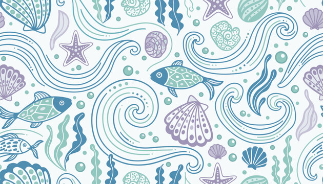 Sea life seamless pattern showcases green fish, purple shells, sea stars, waves, and seaweed on light gray.
