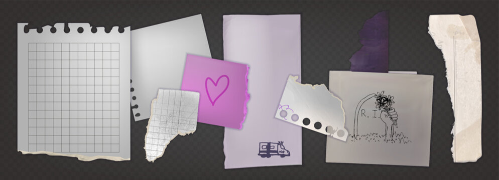 Torn paper notebook pieces and note scraps. Collage of realistic vector school stationery elements on dark transparent background. Scattered sheets with rip doodle and heart and car sketches.