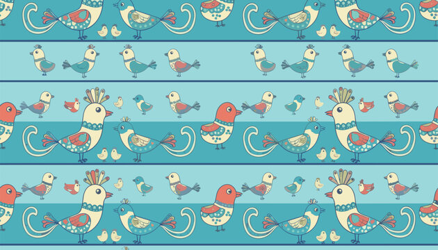 Seamless folk art bird pattern features colorful birds in horizontal striped layout over a blue background.