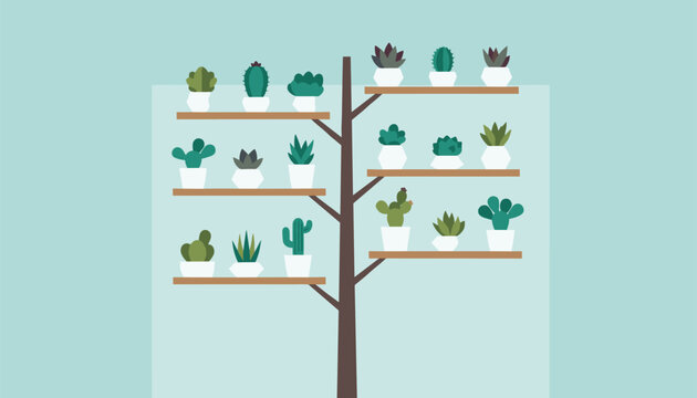 Creative wooden shelves shaped like a tree display a beautiful variety of green potted cacti and succulents.