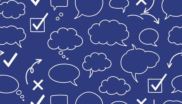 Seamless blue background features hand-drawn white speech bubbles, green checkmarks, and red crosses.