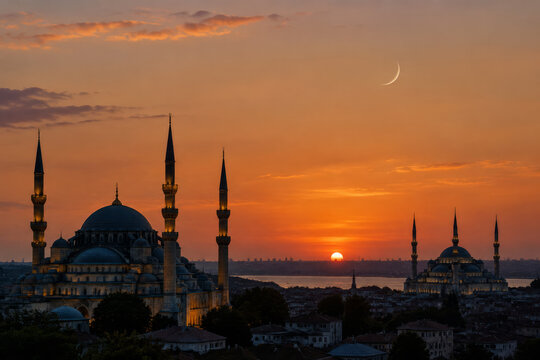 Mosque minaret dome skyline sunset Ramadan crescent