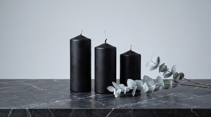 Minimalist Black Beeswax Candles and Dried Eucalyptus on Dark Veined Marble © ard18