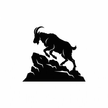 Silhouette of a mountain goat climbing steep rocky cliff peak, isolated black vector illustration on pure white background for logo and wildlife design concepts.