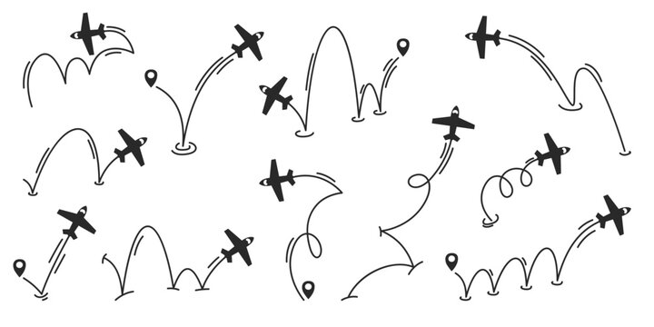 Plane icon set with flight path trail and destination. Hand drawn airplane collection with looping curved lines and points of arrival. Vector illustration isolated as black doodles on white background