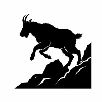 Silhouette illustration of an agile mountain goat jumping over rugged rocky terrain, dynamic wildlife vector design isolated on a clean white background.