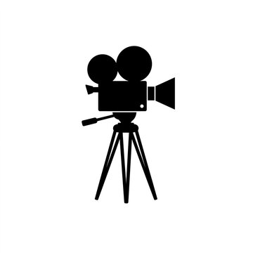 Vintage film camera on tripod silhouette vector icon isolated on white background, representing cinematography, movie production, and classical filmmaking equipment.