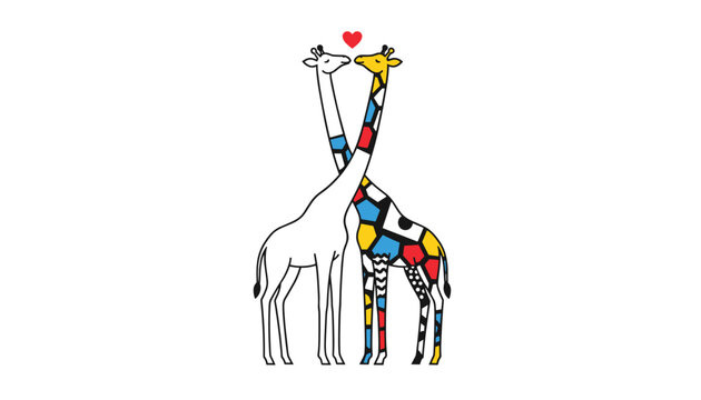 Two loving giraffes, one pure white and the other decorated with colorful geometric blocks, forming a heart shape.