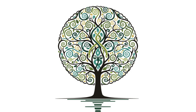 Beautiful symmetrical tree of life illustration with intricate green and blue spiral branches on a white background.