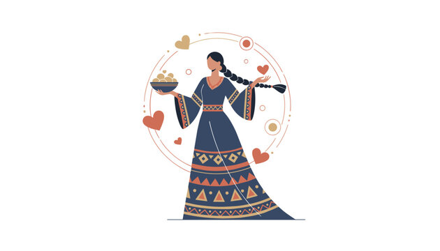 Traditional woman with a long dark braid holding a bowl of food, surrounded by floating hearts and circles, flat style.