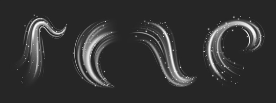 White magic wind swirls with glowing light effect and snow particles. Realistic vector illustration of cold fresh air, breeze stream with dynamic motion, snowflakes and bright luminous sparkles