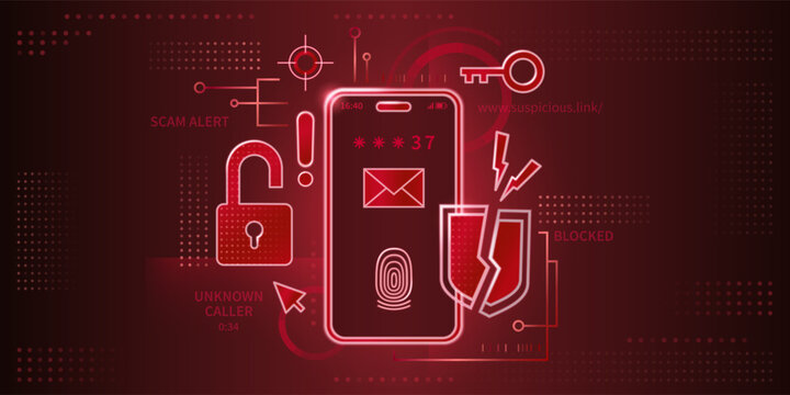 Mobile phone with red phishing alert warning icons on screen. Vector realistic illustration of hacked smartphone mockup, security notification about suspicious fraud attempt, cyber scam message