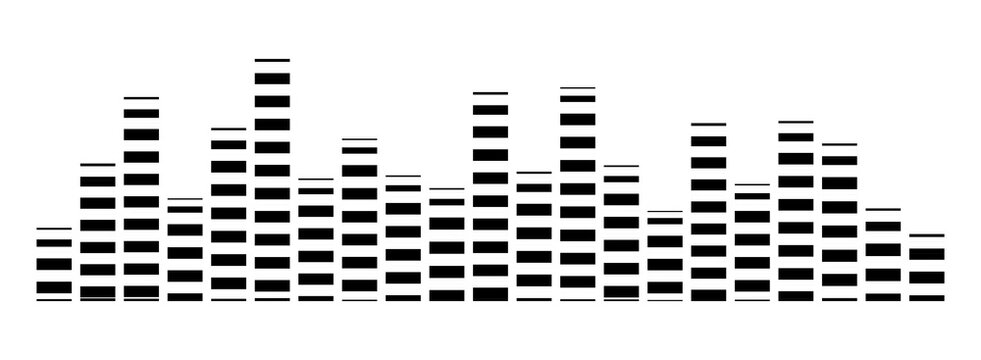Black audio equalizer bars on white background. Abstract sound wave spectrum with segmented music level meter. Digital soundtrack visualizer icon for podcast and music app designs.