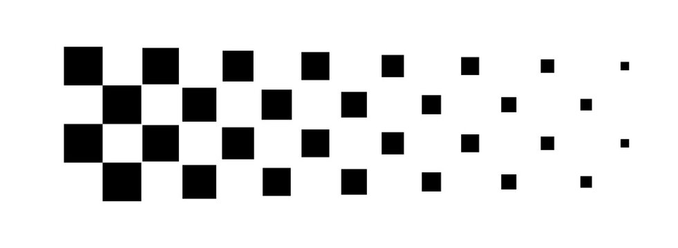 Black and white checkerboard pattern fading into scattered dots. Abstract halftone pixel gradient with dissolving square transition. Retro dither texture for modern graphic design layouts.