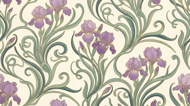Seamless pattern with purple iris flowers, swirling green leaves, and creamy beige background