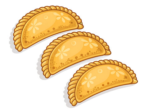 Gujiya  three crescent-shaped gujiya pastries arranged neatly, golden fried surface with subtle decorative edges, minimal vector style