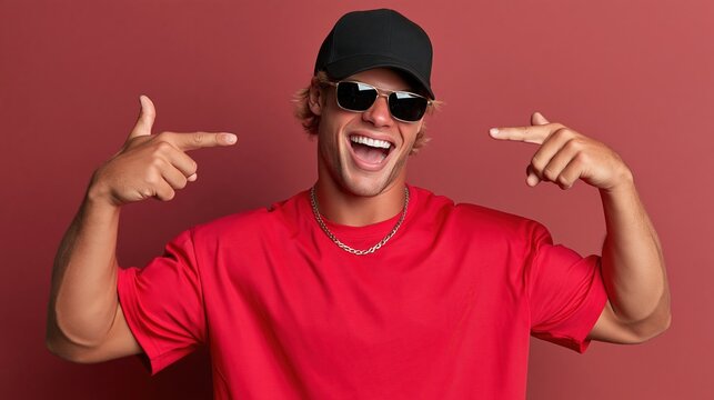 Excited young man with sunglasses and cap, pointing to himself with a confident and happy expression