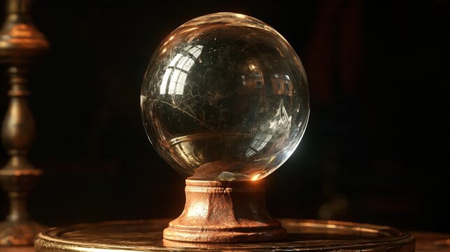 Mystical crystal ball on an ornate wooden stand, reflecting light, evoking magic and fortune telling