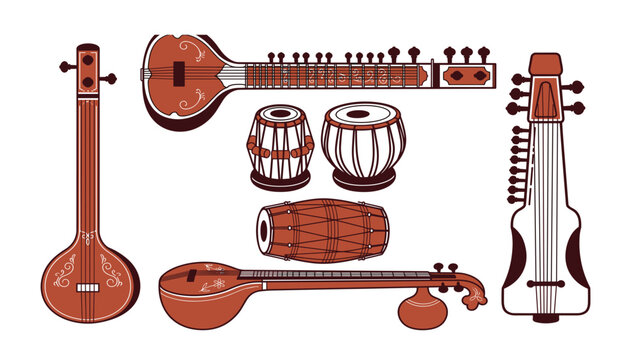 Traditional Indian musical instruments vector element set featuring sitar, tabla, dholak, tanpura, sarangi and veena flat line illustration.