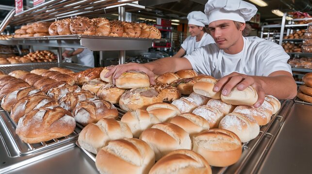 Baker arranging fresh loaves of bread and pastries on a bakery shelf with colleagues in the background