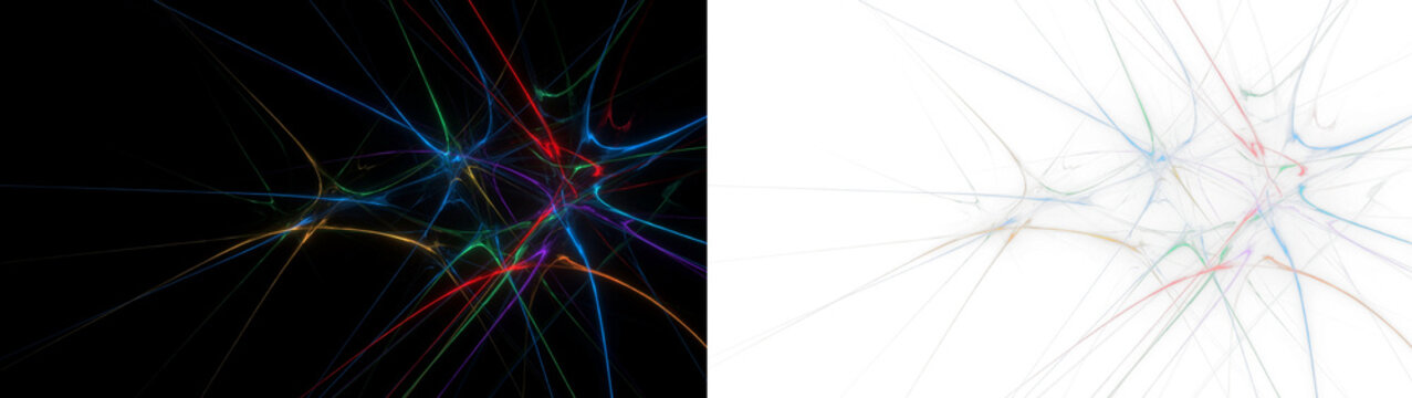 Abstract fractal background with glowing colorful light streaks and lines, dynamic energy flow patterns on black and white split screen isolated on transparent background