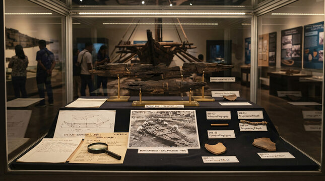 Museum exhibition of excavated wooden boat fragments with archaeological drawings, field notes, historical photographs, pottery fragments, and research documentation.