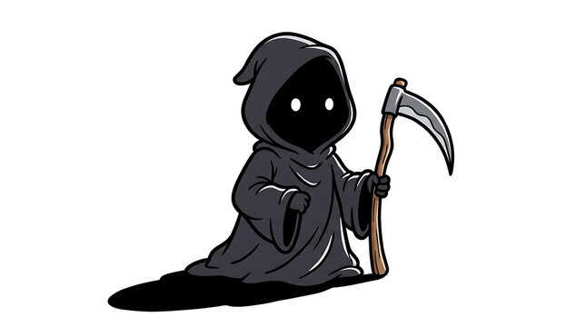 A small hooded grim reaper character holding a sharp scythe weapon representing mortality and dark fantasy themes for creative projects featuring a cloaked mystical figure in a cartoony art