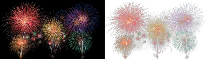 Fototapeta premium Colorful fireworks display in the night sky, vibrant pyrotechnic explosions with various patterns and colors, festive celebration background isolated on transparent background