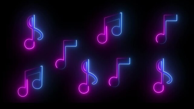 Glowing neon line music icon animation on black background. Neon sing song pink & blue color music icon...