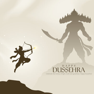 Happy Dussehra Festival Celebration Background with Lord Rama Silhouette Aiming Bow and Arrow at Ravana, Vijayadashami Indian Hindu Festival Greeting Design Symbolizing Victory of Good Over Evil.