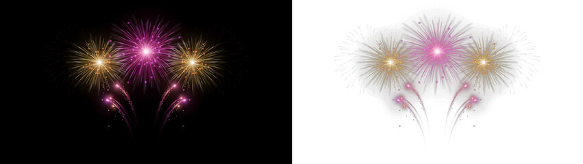Fototapeta premium Set of colorful fireworks explosions isolated on transparent background, festive pyrotechnic display for celebration, holiday, new year, and independence day events
