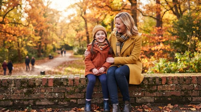 A joyful mother sitting on a brick wall holding her daughter in a beautiful park during the autumn