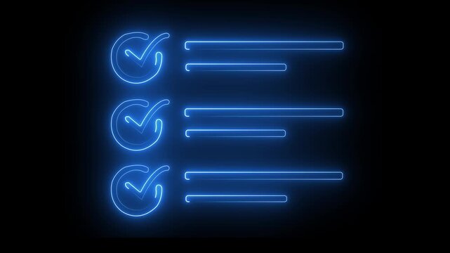 Glowing neon File document icon isolated on black background. Neon line glow Tasks check & checklist icon.
