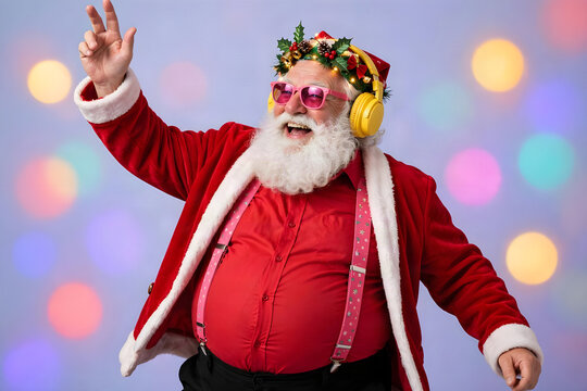 Feste di Natale: buffo babbo natale con occhiali colorati e cuffie che ascolta musica natalizia e balla