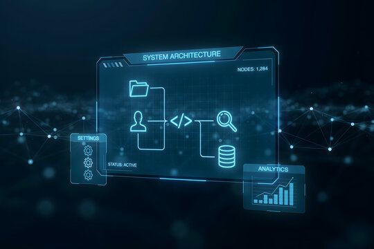 System architecture diagram with data flow and analytics interface on