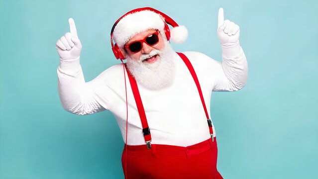 Feste di Natale: buffo babbo natale con occhiali colorati e cuffie che ascolta musica natalizia e balla