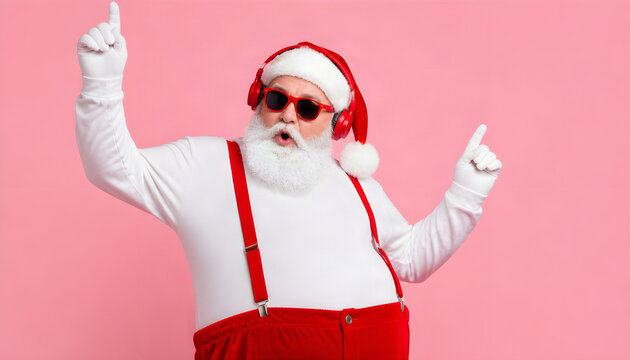 Feste di Natale: buffo babbo natale con occhiali colorati e cuffie che ascolta musica natalizia e balla