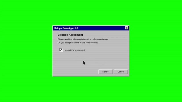 Retro computer software installation frames on green screen background