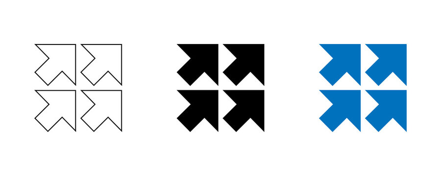 Three sets of four square arrow icons, outlining, solid black, and vibrant blue on transparent background.