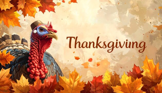 Pavo ilustrado con texto Thanksgiving y hojas oto&ntilde;ales