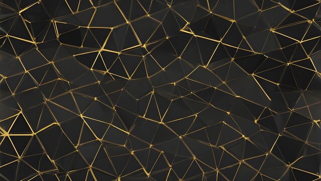 Abstract Dark Polygonal Background with Golden Geometric Mesh. Luxury Modern Low Poly Network Texture for Business Design.