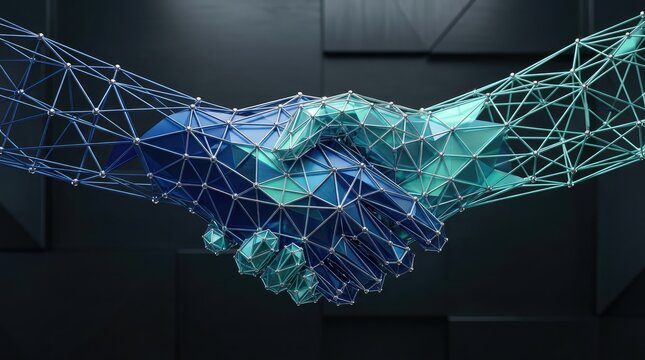 Futuristic digital handshake of two hands in wireframe mesh style representing artificial intelligence, virtual business partnership, global networking, and high-tech connectivity concepts.