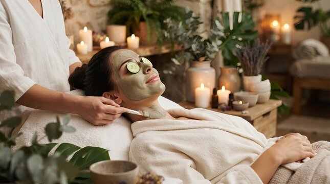 A Woman Relaxing While Receiving A Rejuvenating Clay Face Mask Treatment At A Tranquil Luxury Spa.