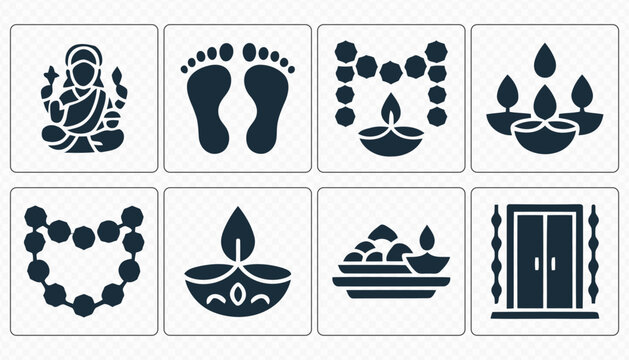 Diwali Festival Diya and Hindu Celebration Vector Icons