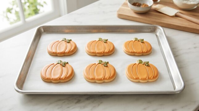 Six frosted pumpkin shaped cookies on a baking sheet