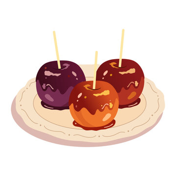 Flat Cartoon Candy Apples on Plate, Caramel Coated Apple Dessert Illustration