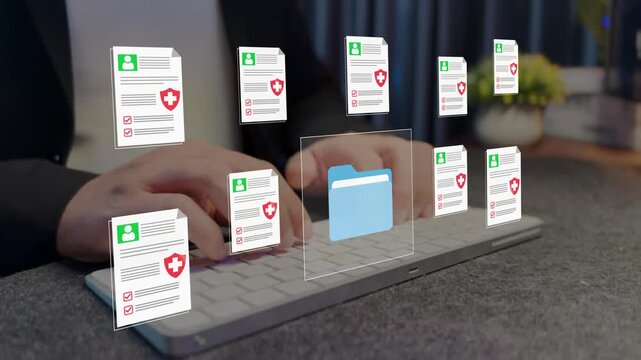 Healthcare technology concept. Digital patient records, medical history, health information, data, and document management.