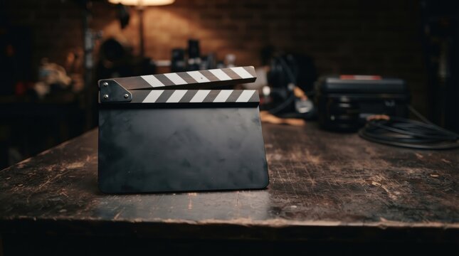 A film clapperboard resting on a dark wooden table in a studio