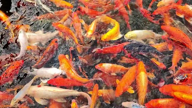 School of colorful koi fish swimming in dark pond water. Orange, red, white and black carp moving together creating ripples. Decorative pond, Japanese garden and aquaculture concept.