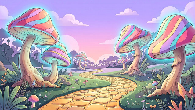 AI generated illustration of giant glowing candy-striped mushrooms lining a yellow stone path in a whimsical fairytale forest under a pastel sunset sky for game design